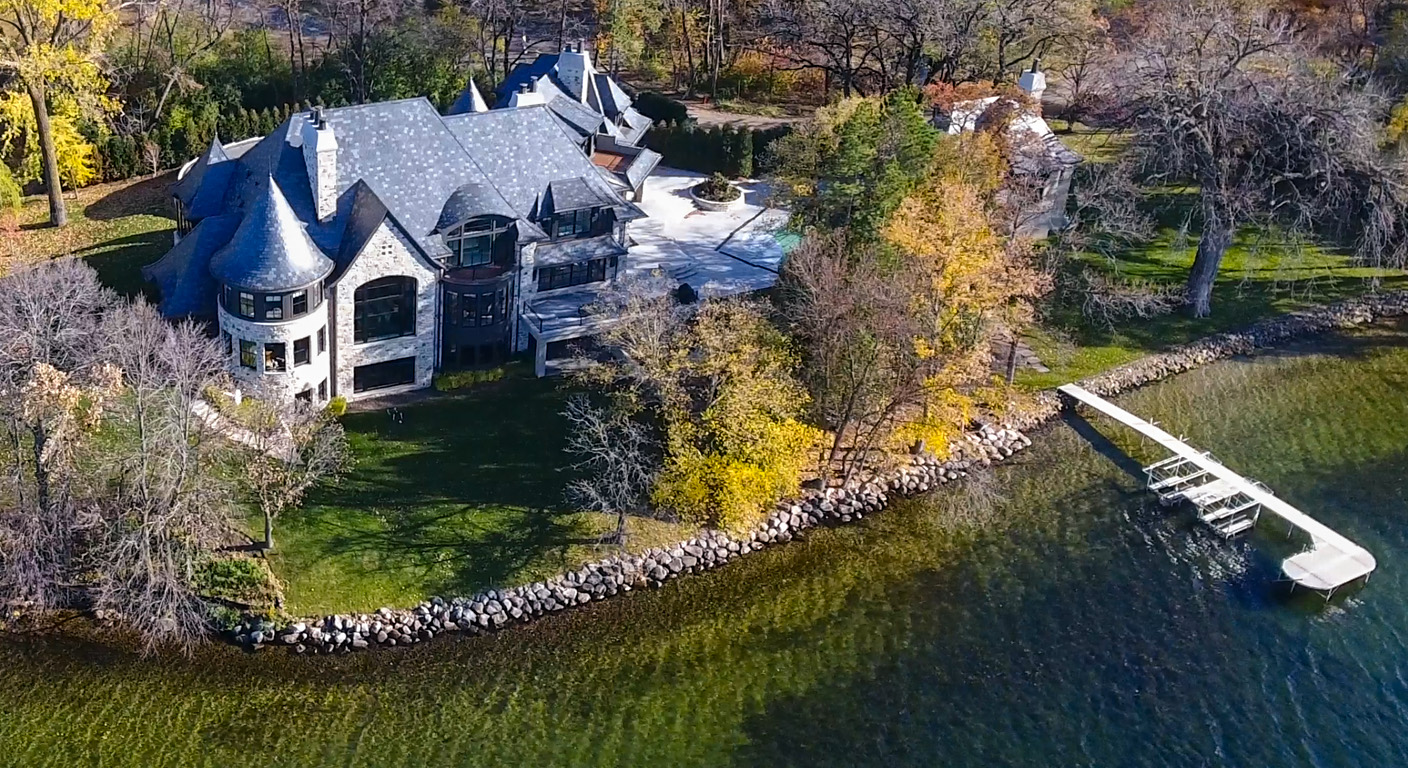 Luxury lakeside home real estate aerial